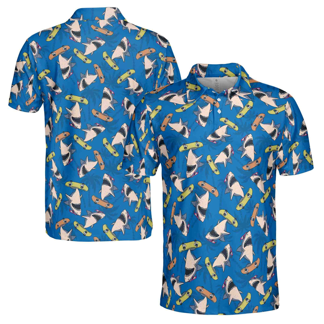 Funny Blue Shark Skateboard Player Tropical Beach Men's Polo Shirt S-5XL