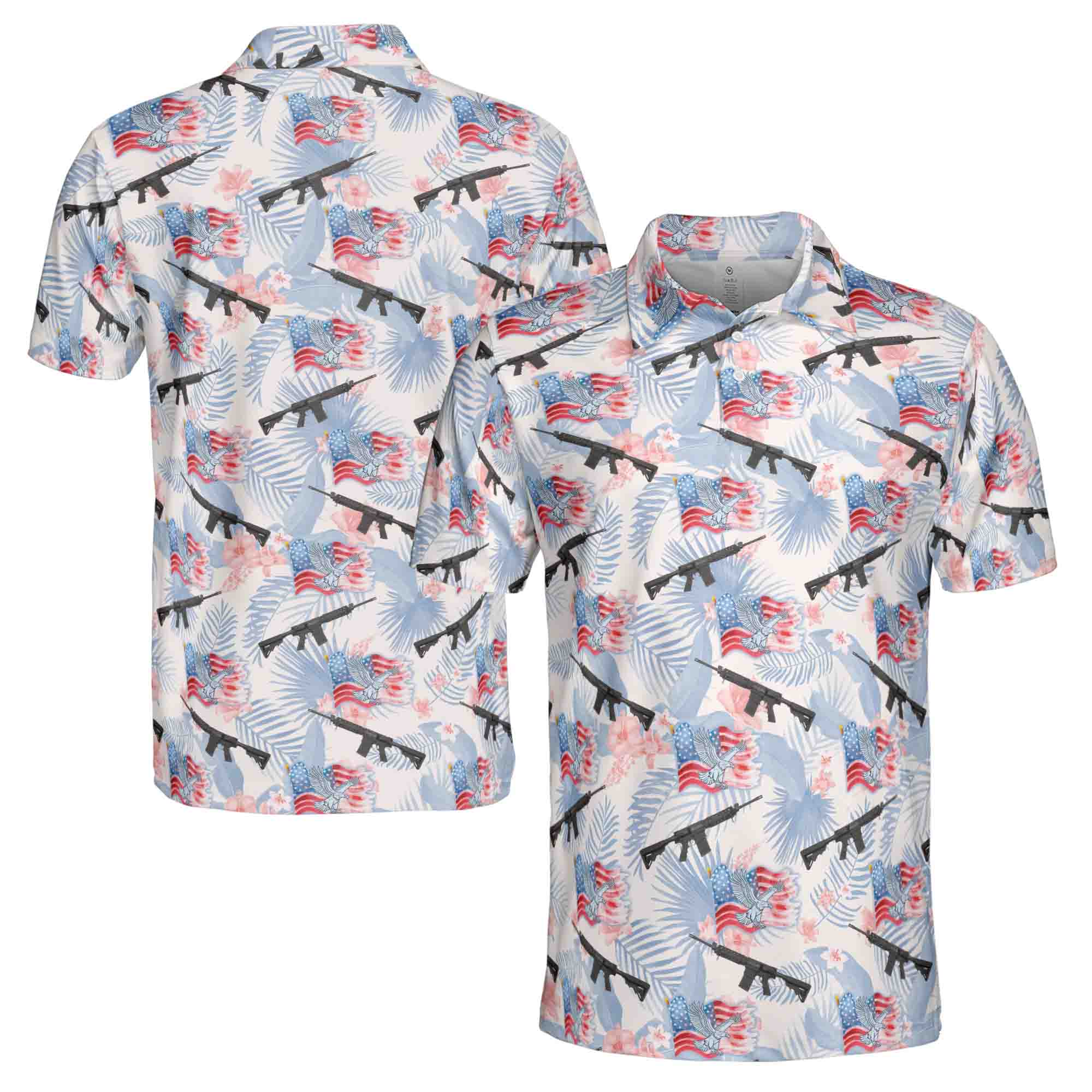 Funny Gun American Flag Floral Plants Golf Men's Polo Shirt S-5XL