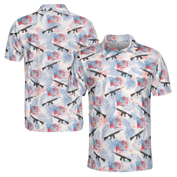 Funny Gun American Flag Floral Plants Golf Men's Polo Shirt S-5XL
