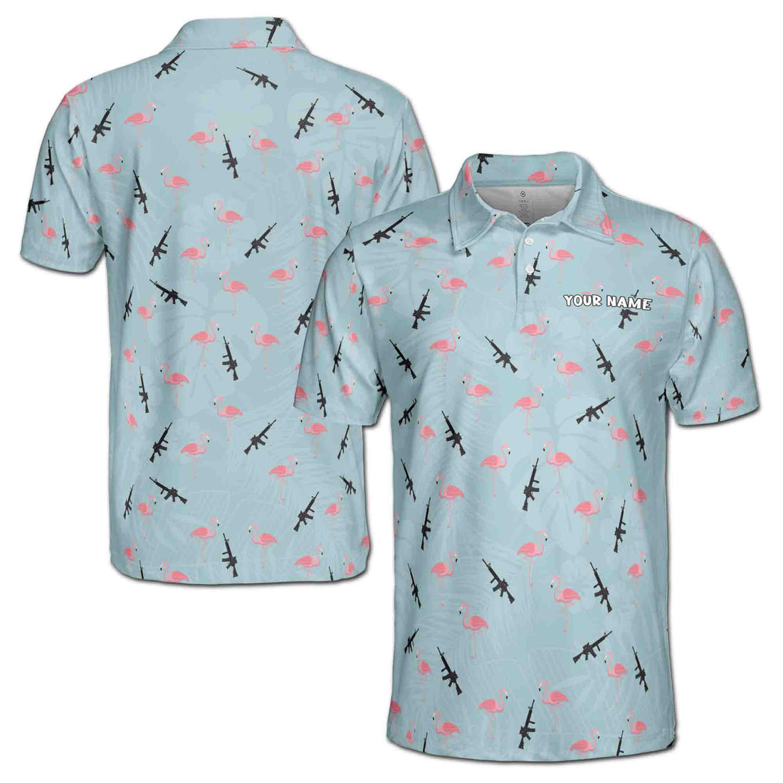 Funny Gun Pink Flamingo Floral Plants Golf Men's Polo Shirt S-5XL