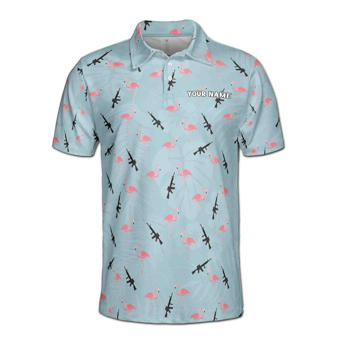 Funny Gun Pink Flamingo Floral Plants Golf Men's Polo Shirt S-5XL