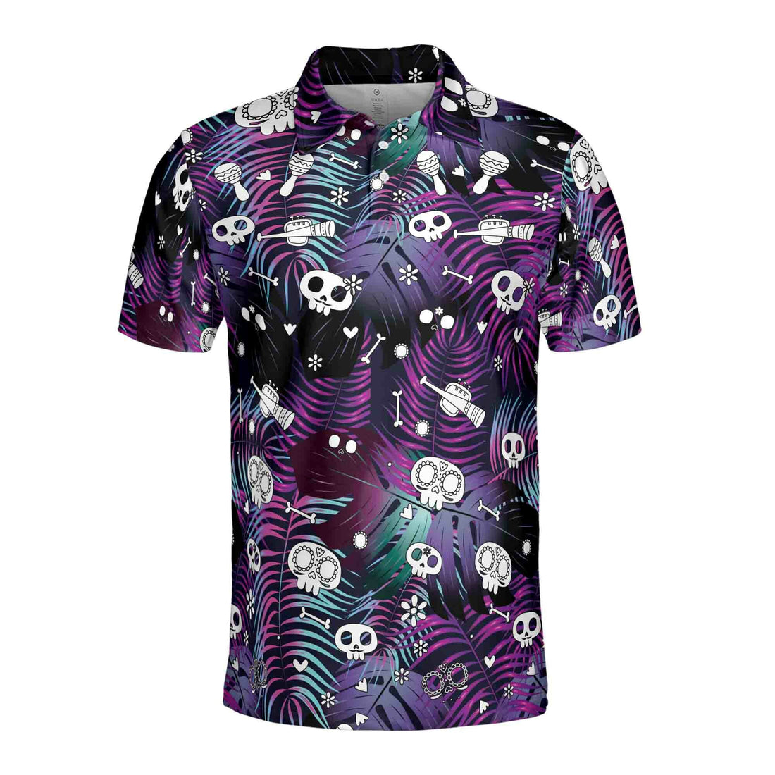 Funny Skull Bone Bowling Trumpet Tropical Jungle Leaves Men's Polo Shirt S-5XL