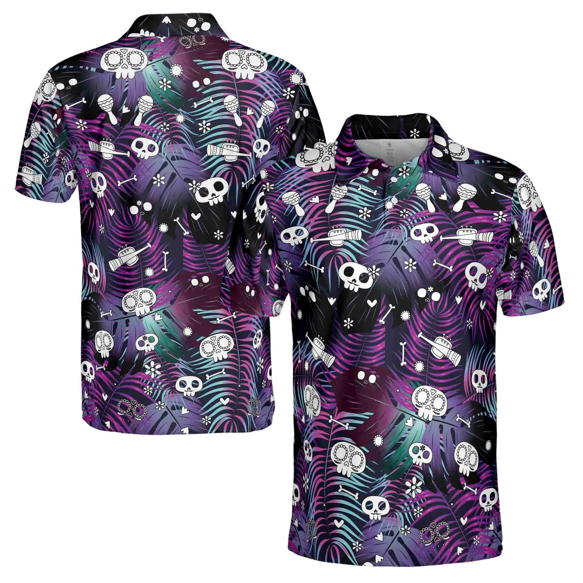 Funny Skull Bone Bowling Trumpet Tropical Jungle Leaves Men's Polo Shirt S-5XL