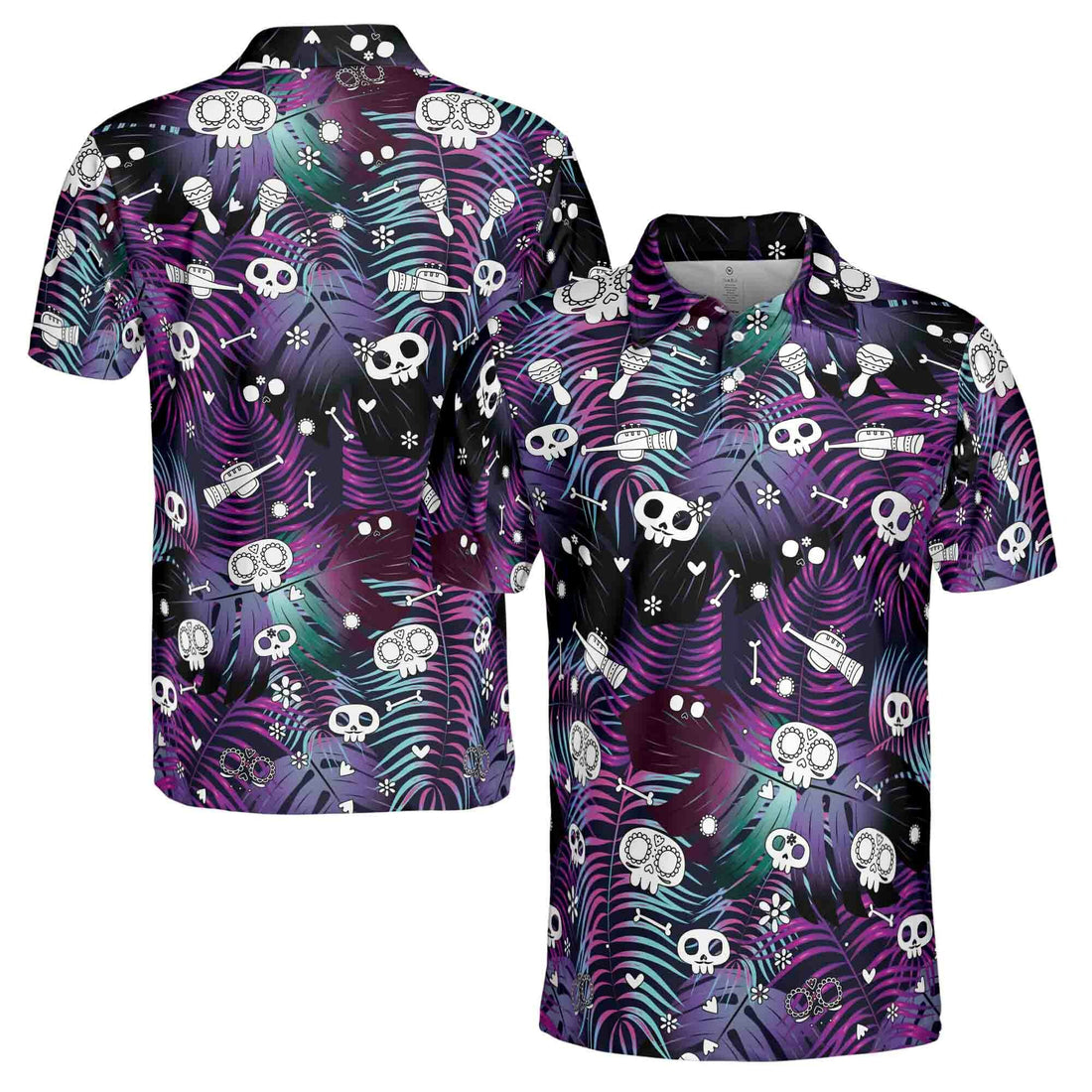 Funny Skull Bone Bowling Trumpet Tropical Jungle Leaves Men's Polo Shirt S-5XL