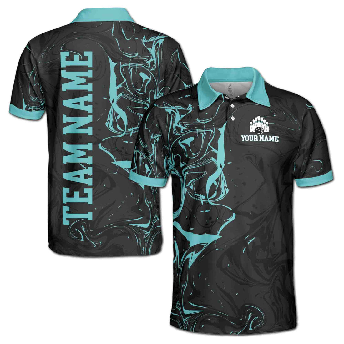 Custom Name, Team Name Teal Marble Bowling Ball Men's Polo Shirt S-5XL