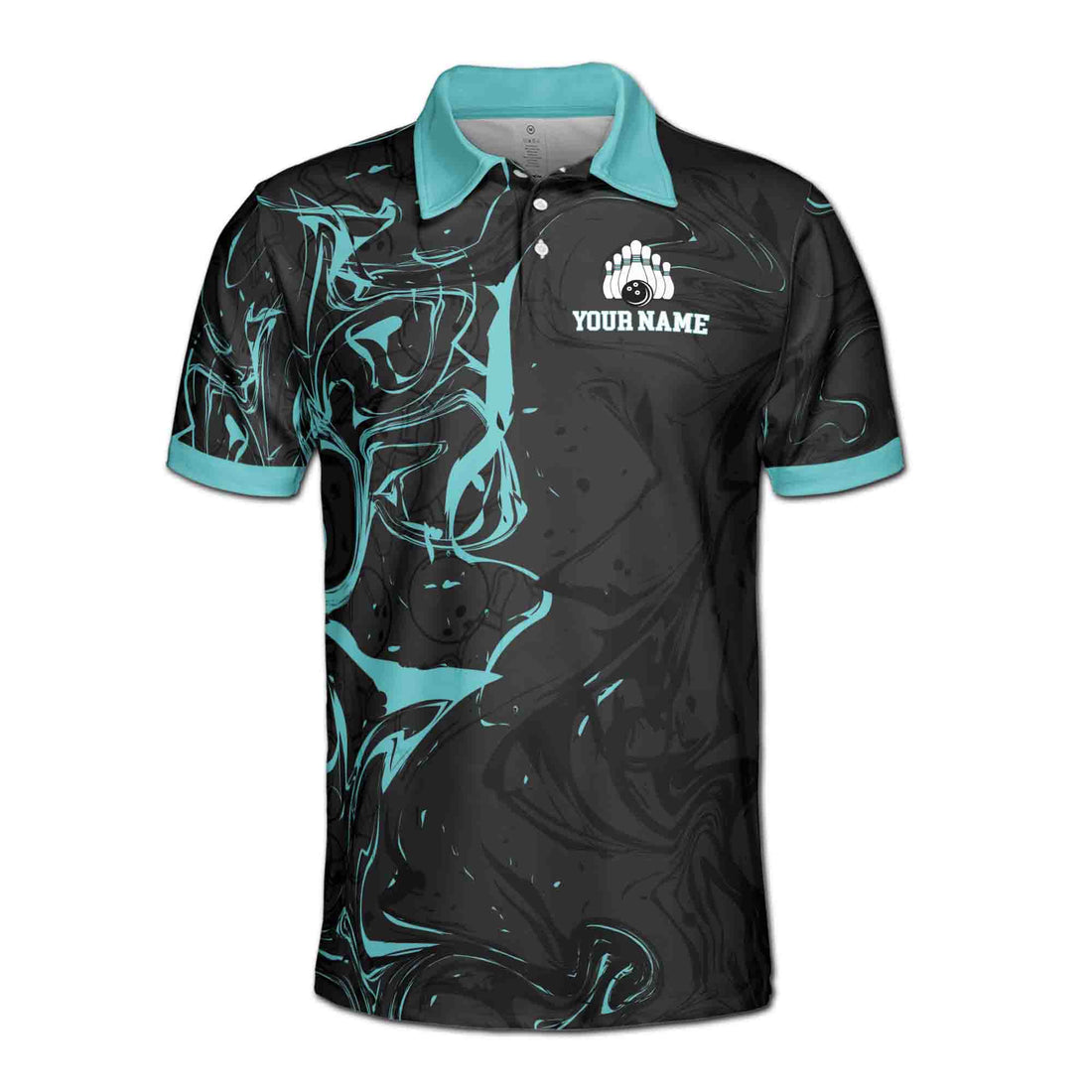 Custom Name, Team Name Teal Marble Bowling Ball Men's Polo Shirt S-5XL