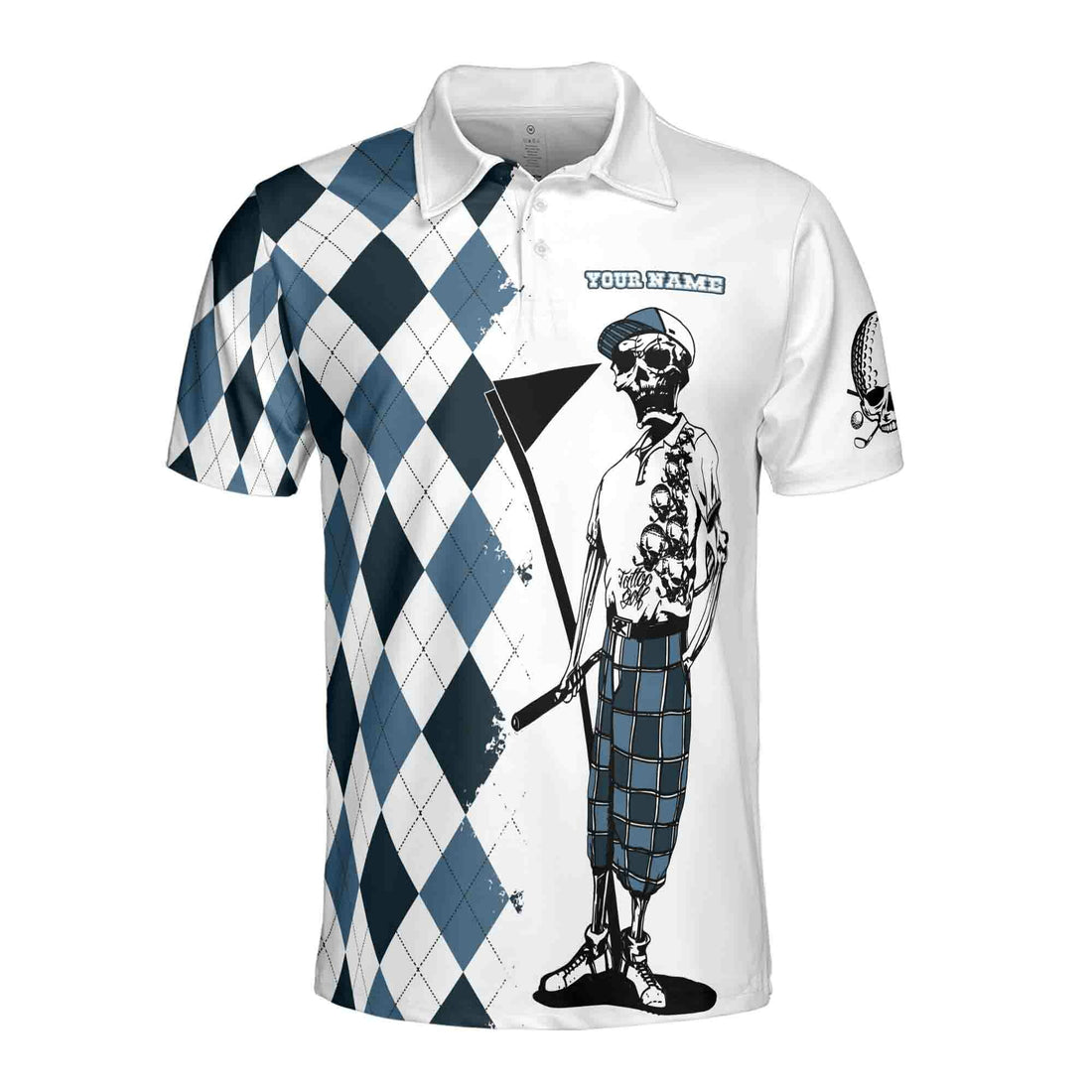 Funny Custom Name Blue Argyle Skeleton Skull Golf Men's Polo Shirt S-5XL