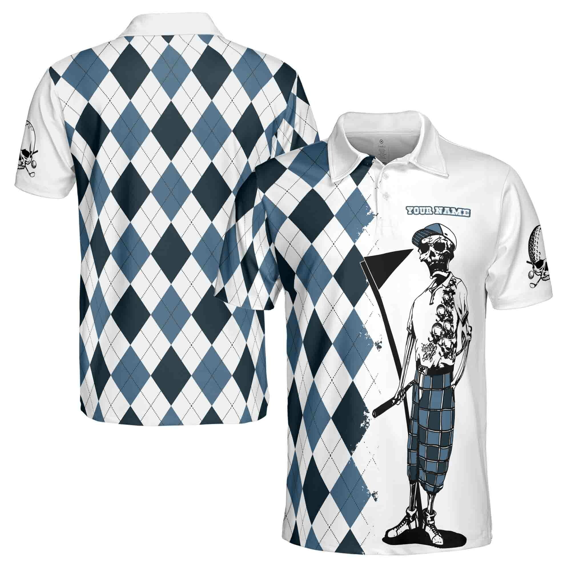 Funny Custom Name Blue Argyle Skeleton Skull Golf Men's Polo Shirt S-5XL