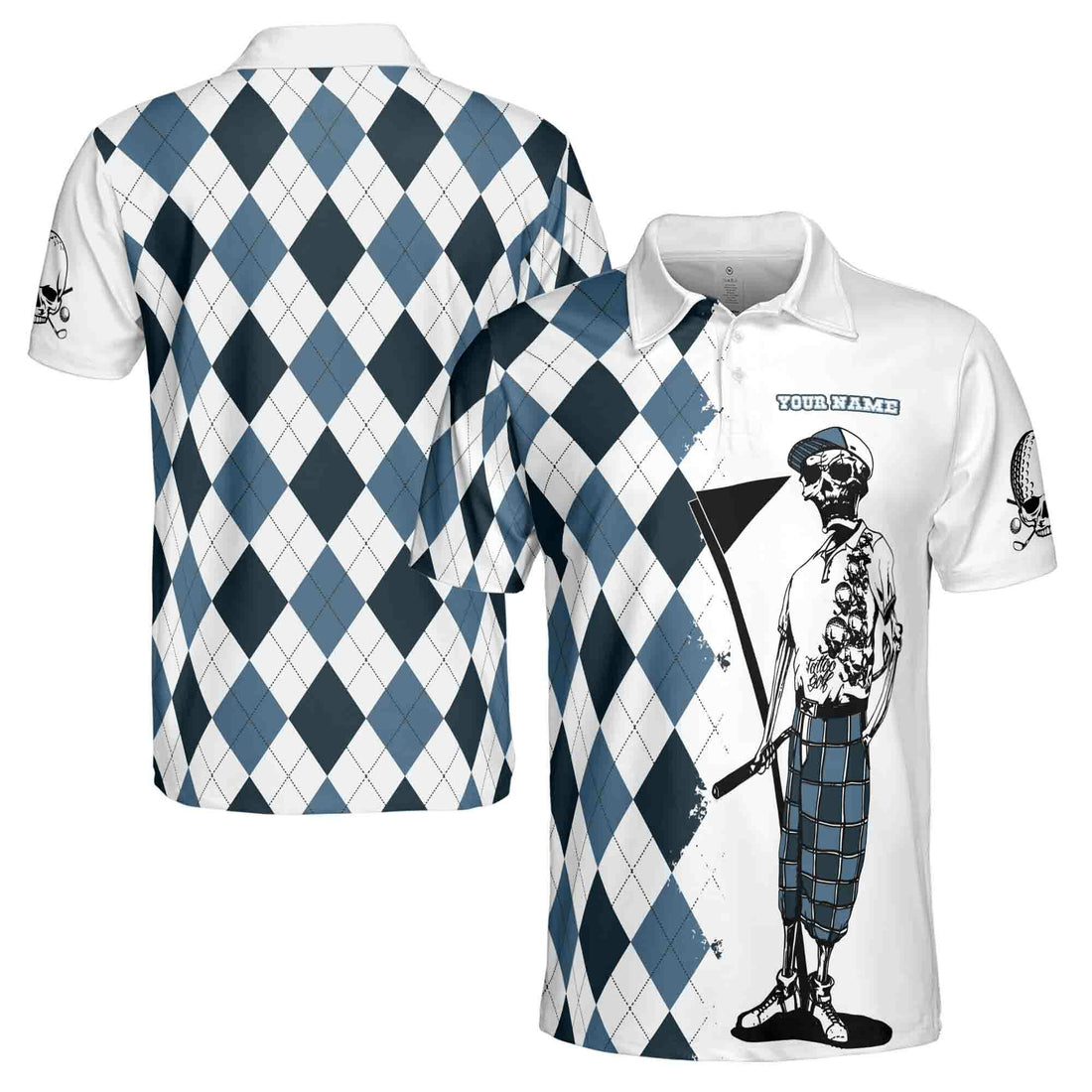 Funny Custom Name Blue Argyle Skeleton Skull Golf Men's Polo Shirt S-5XL