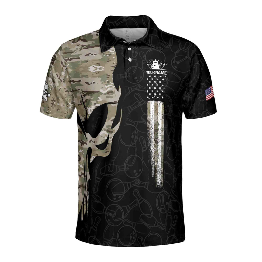 Funny Custom Name Team Name Skull Bowling Camo Men's Polo Shirt S-5XL
