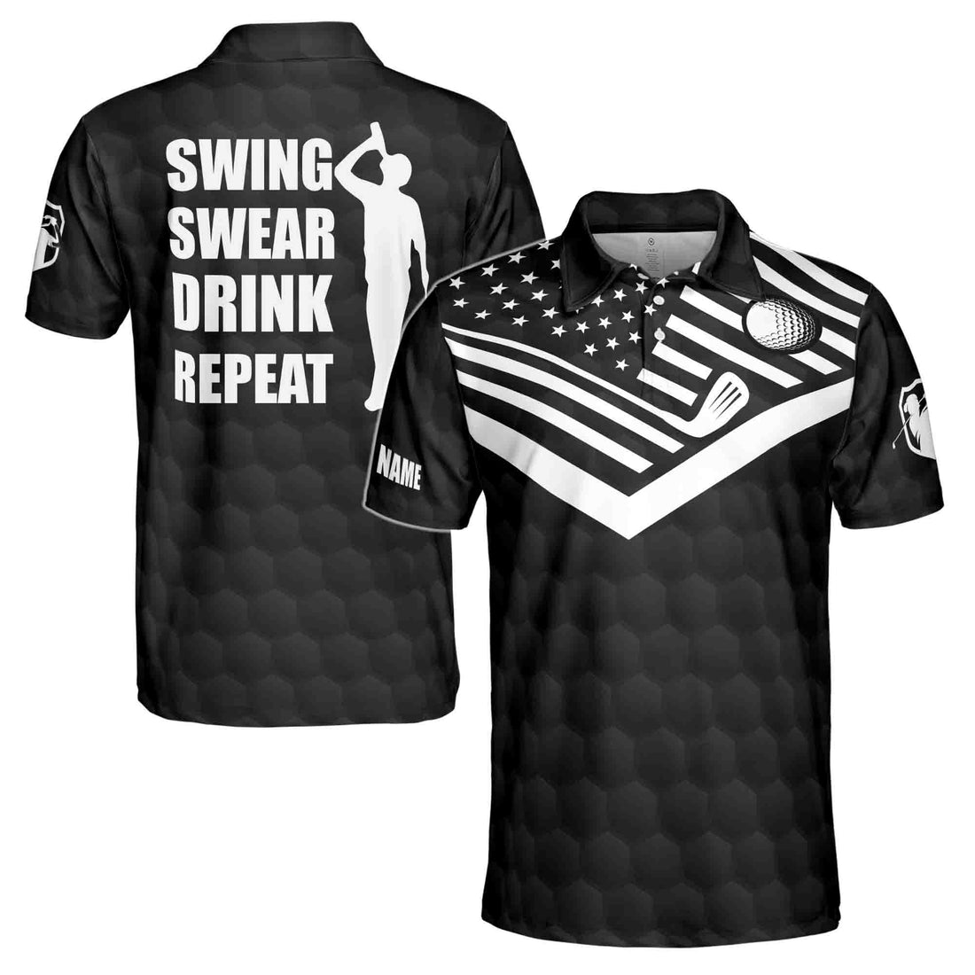 Custom Name American Golf Swing Swear Drink Repeat Men's Polo Shirt S-5XL