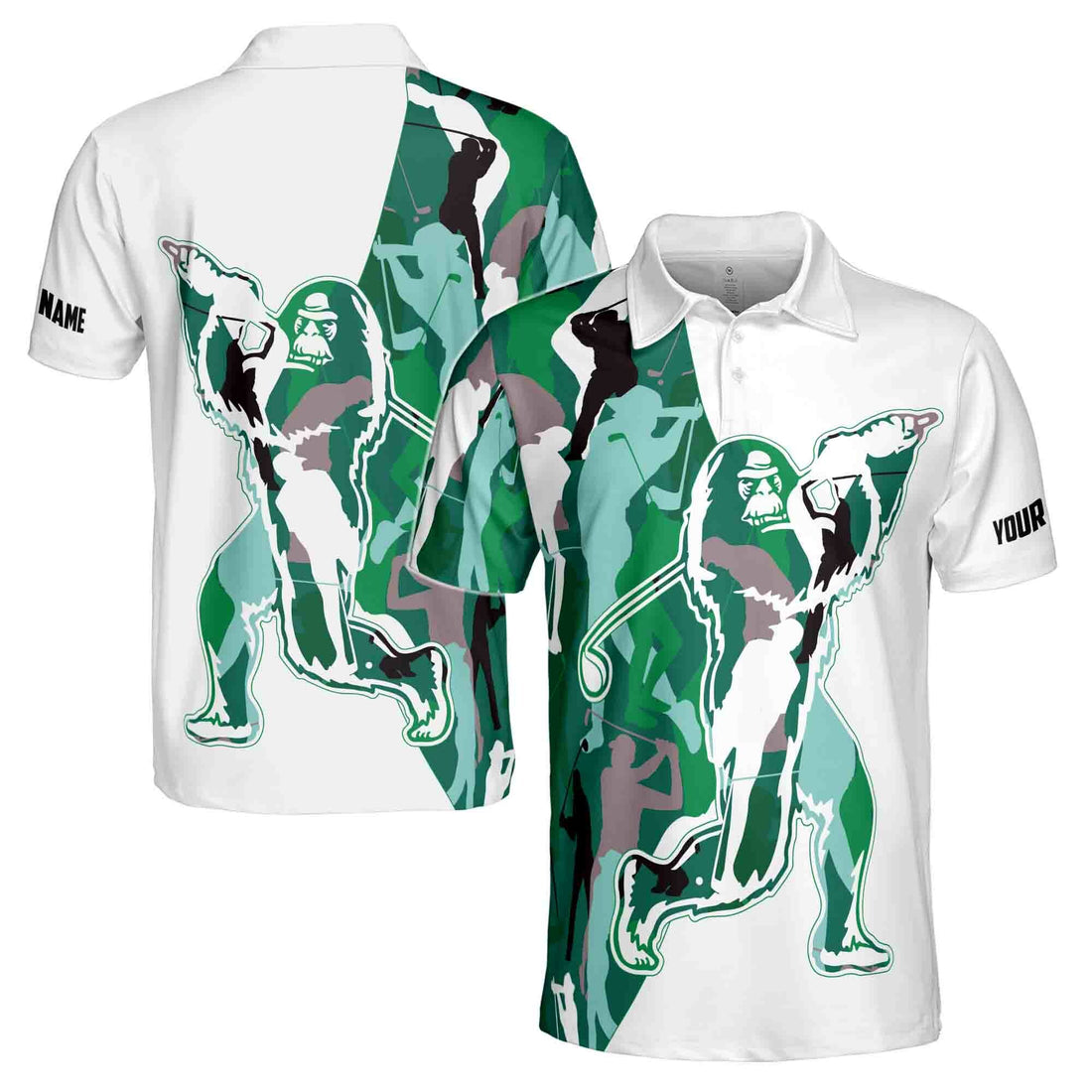 Custom Green Camo Bigfoot Golf Name Men's Polo Shirt S-5XL
