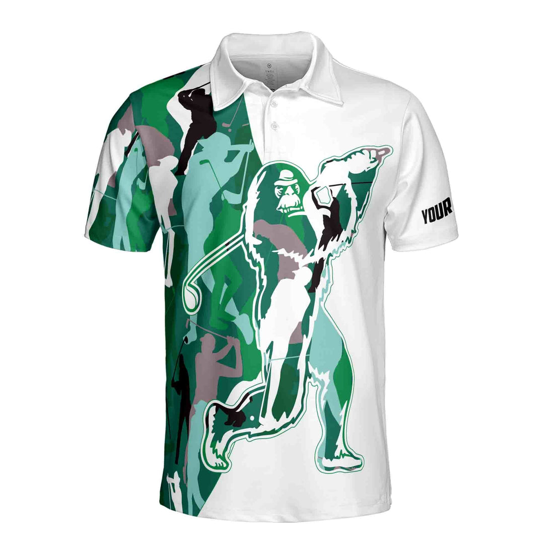 Custom Green Camo Bigfoot Golf Name Men's Polo Shirt S-5XL