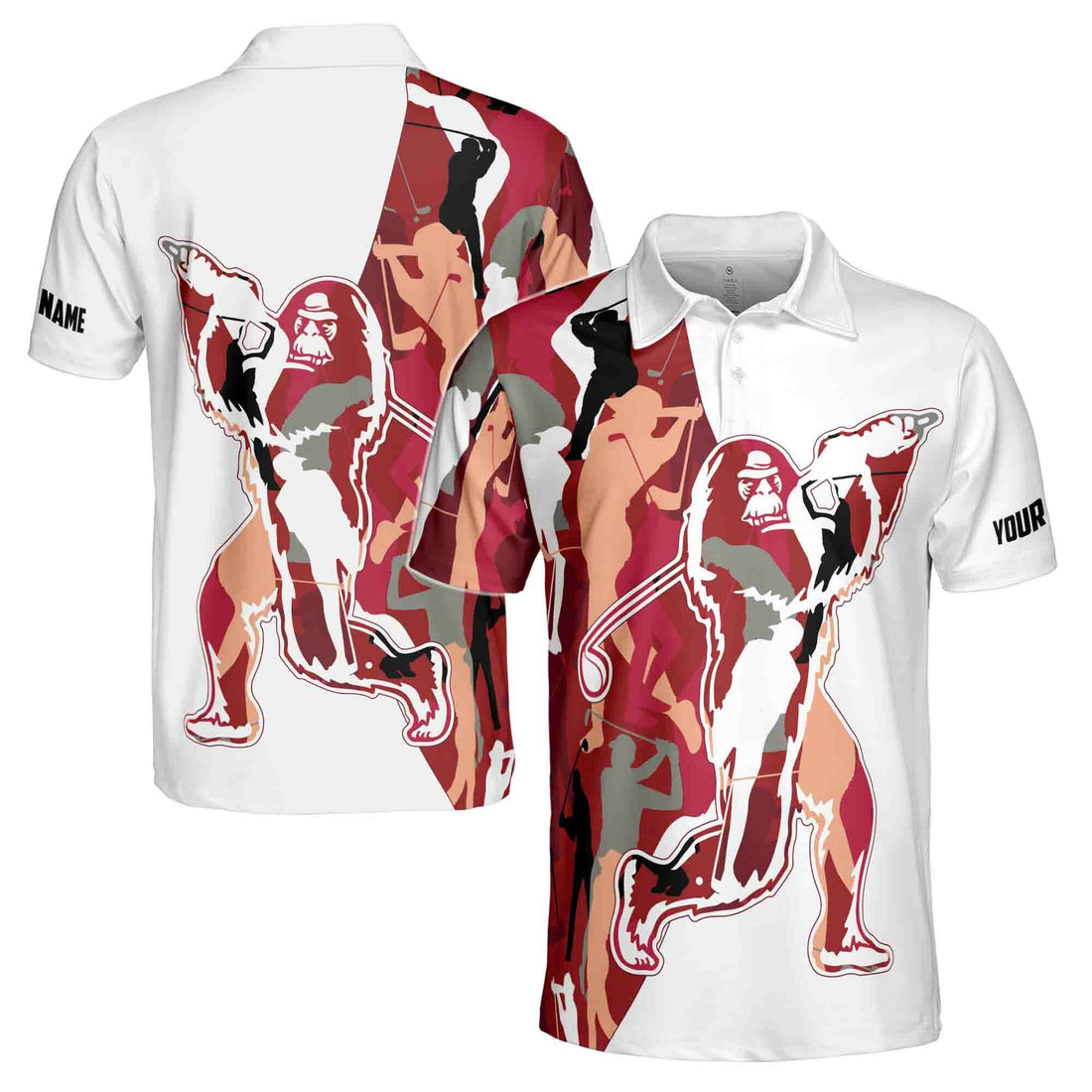 Custom Name Red Camo Bigfoot Golf Men's Polo Shirt S-5XL
