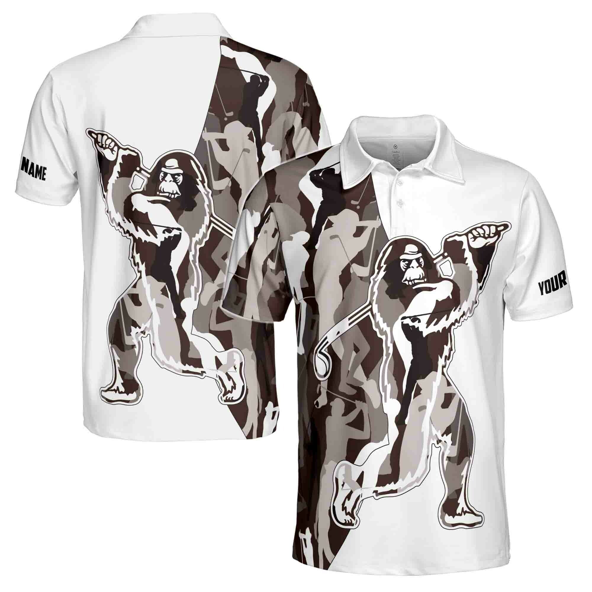 Custom Name Brown Camo Bigfoot Golf Men's Polo Shirt S-5XL