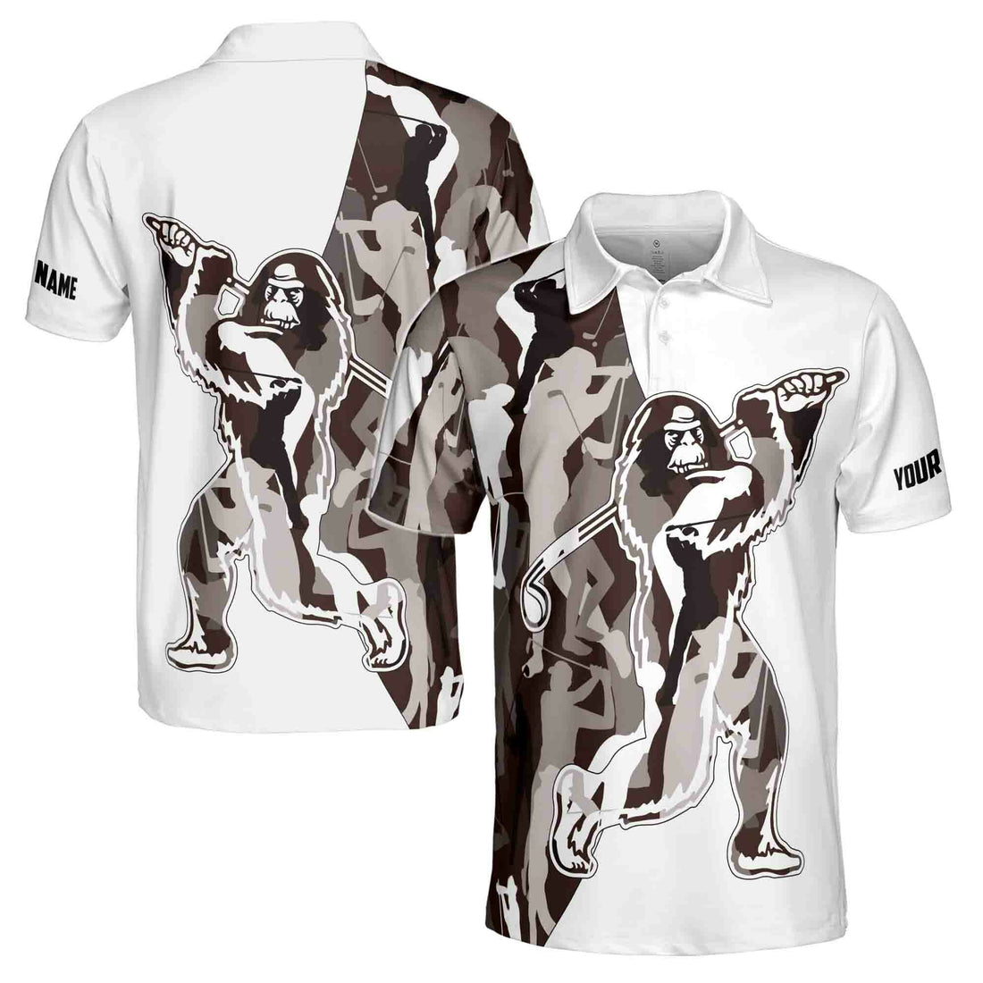 Custom Name Brown Camo Bigfoot Golf Men's Polo Shirt S-5XL