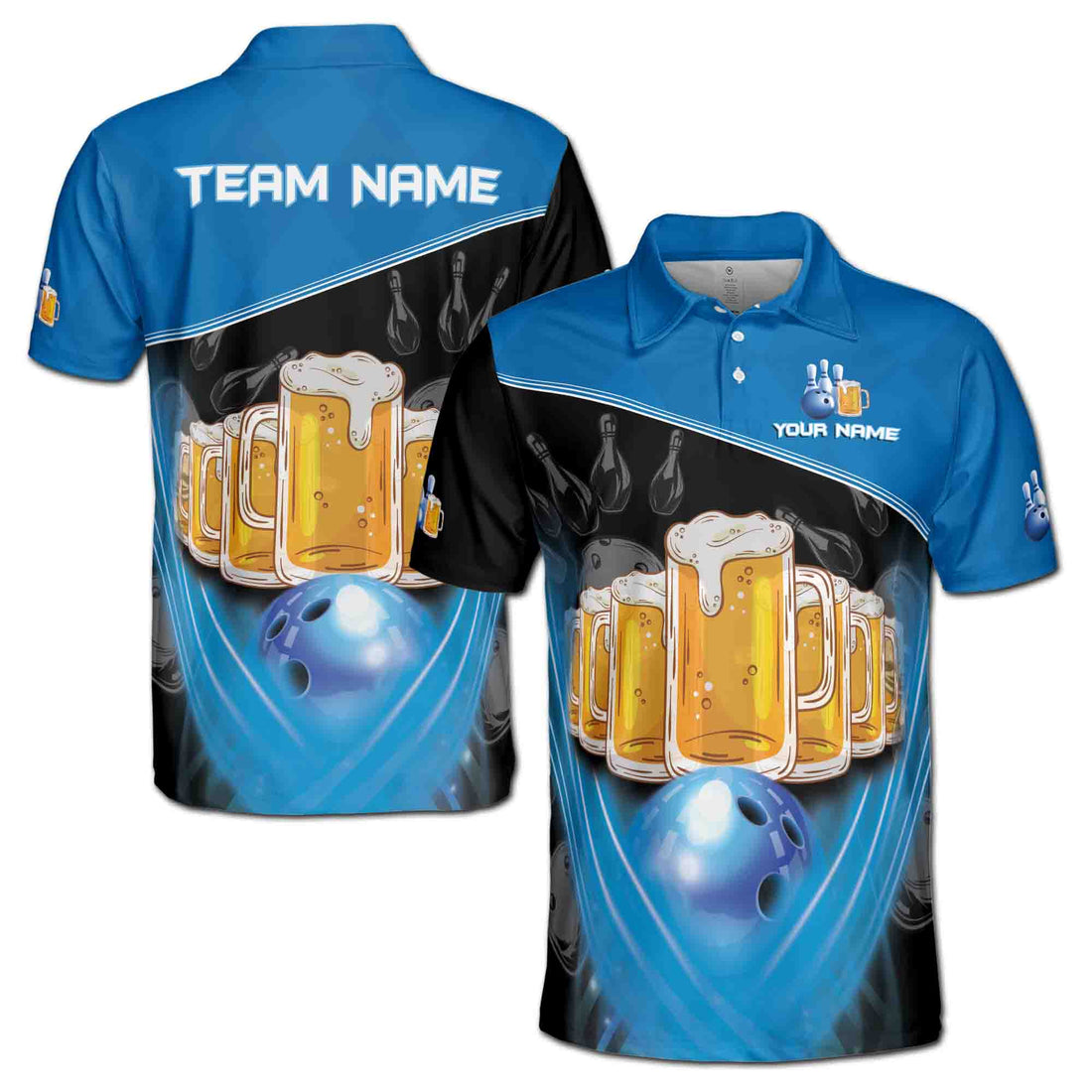 Custom Name Team Name Funny Beer Bowling Ball Men's Polo Shirt S-5XL