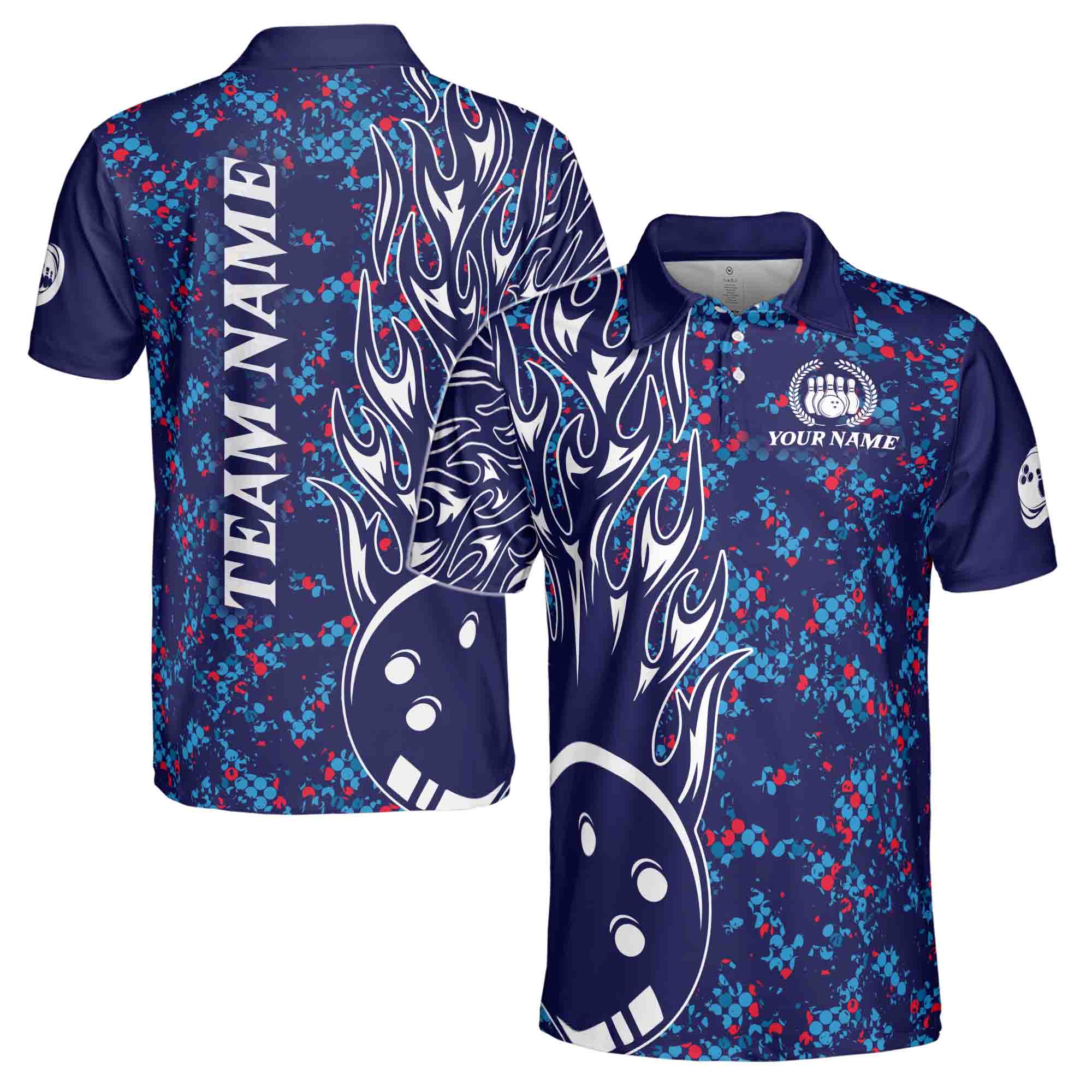 Custom Name Team Name Colorful Bowling Ball Men's Polo Shirt S-5XL