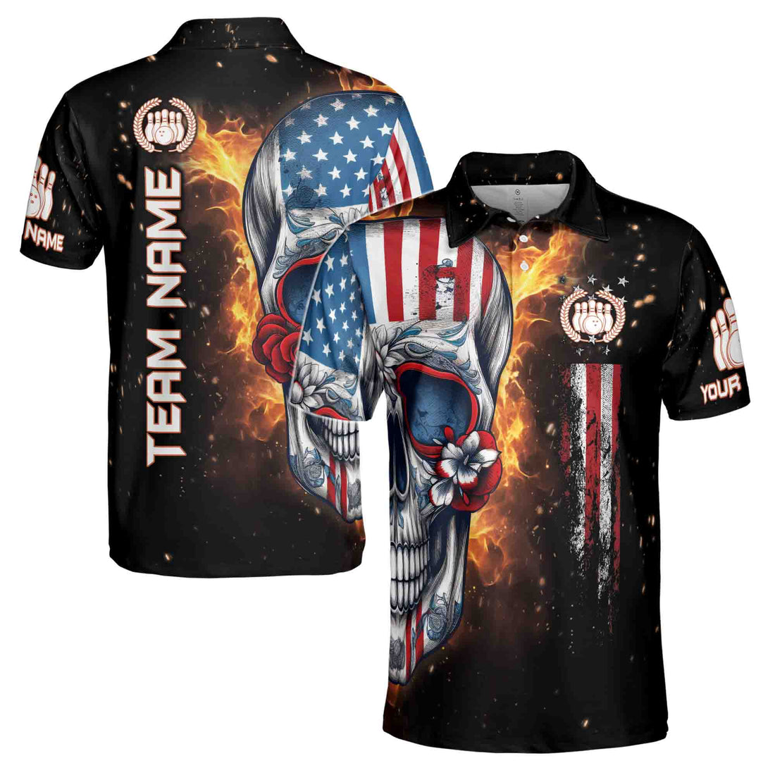 Custom Name Team Name Flame Skull American Flag Bowling Men's Polo Shirt S-5XL
