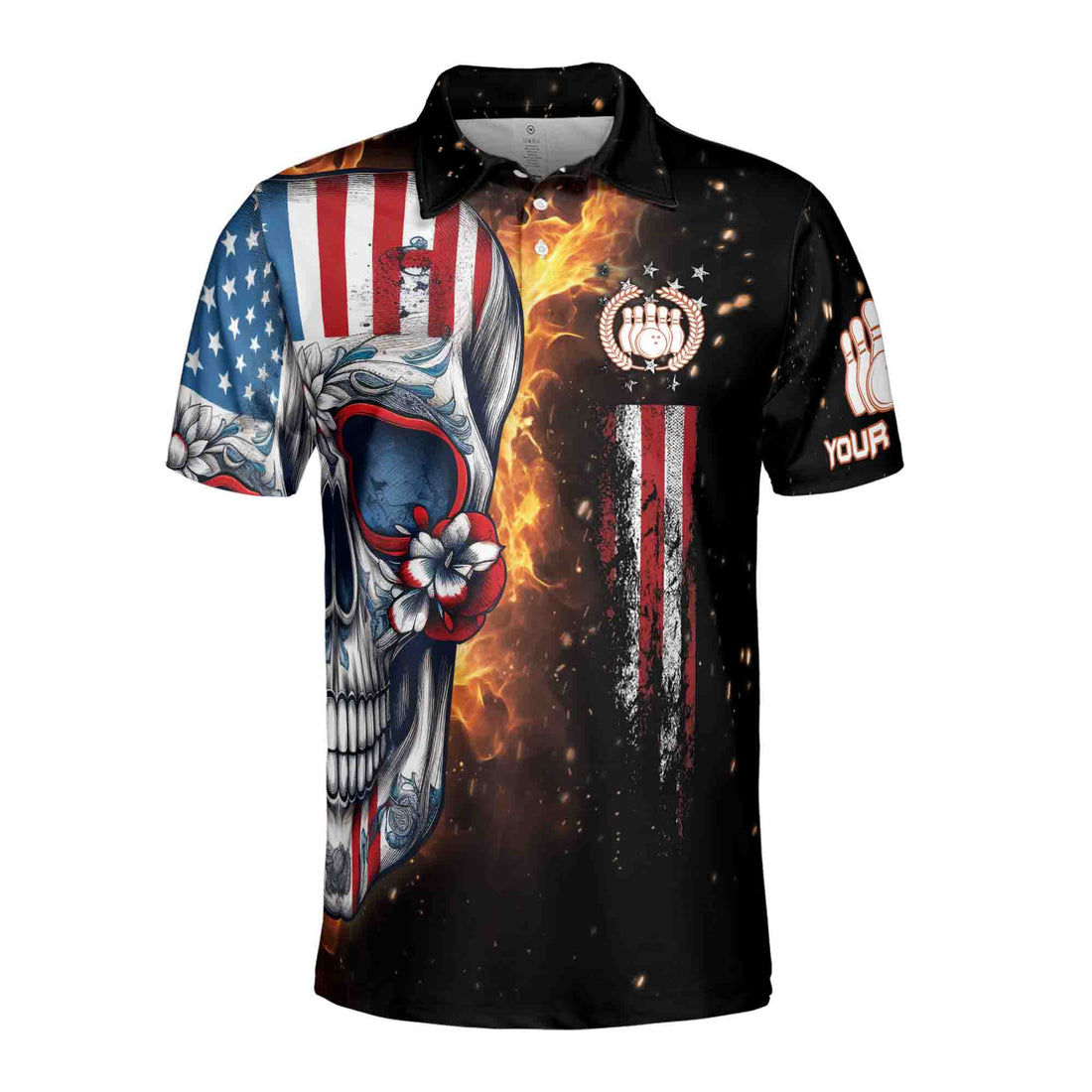 Custom Name Team Name Flame Skull American Flag Bowling Men's Polo Shirt S-5XL