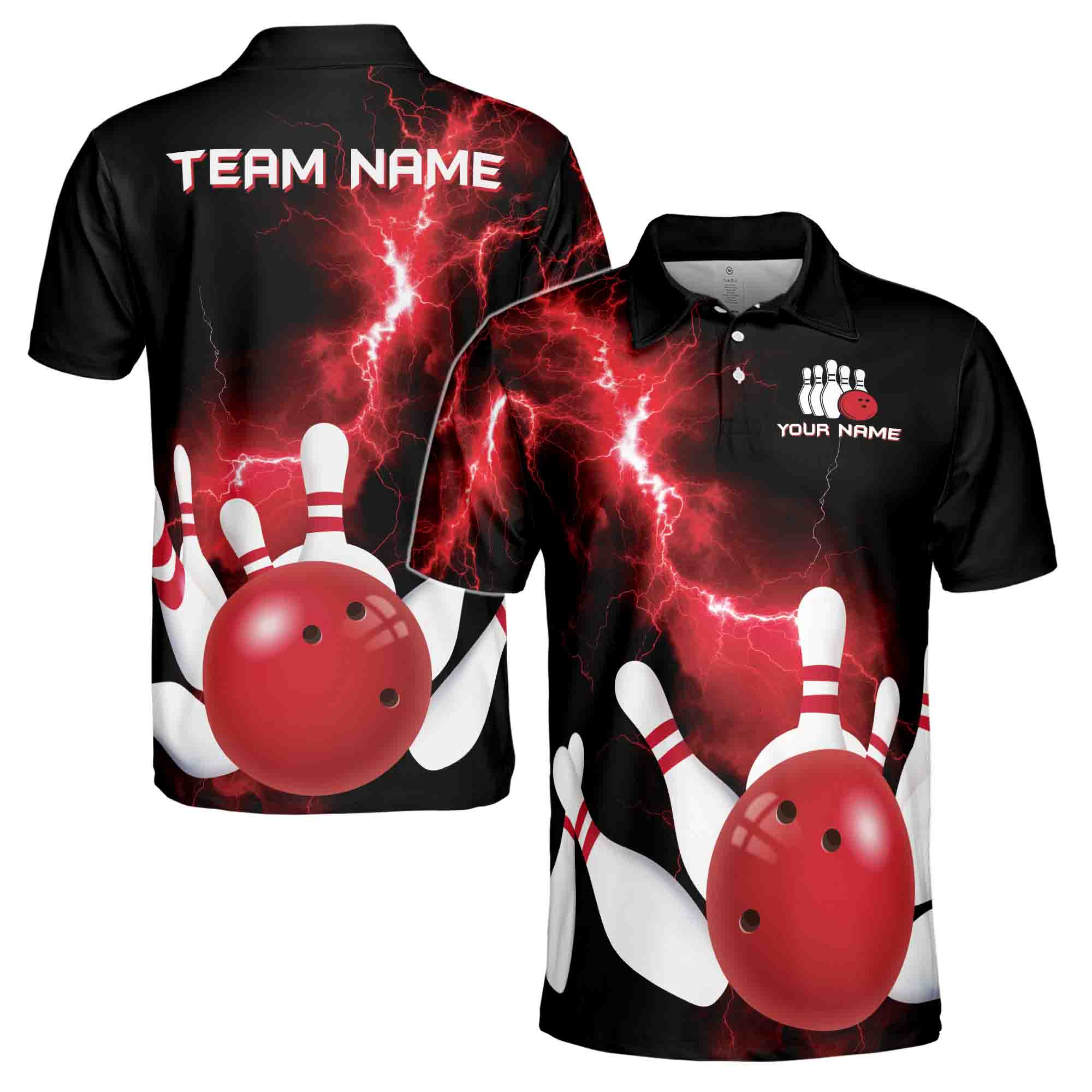 Custom Name Team Name Splash Lightning Bowling Ball Men's Polo Shirt S-5XL