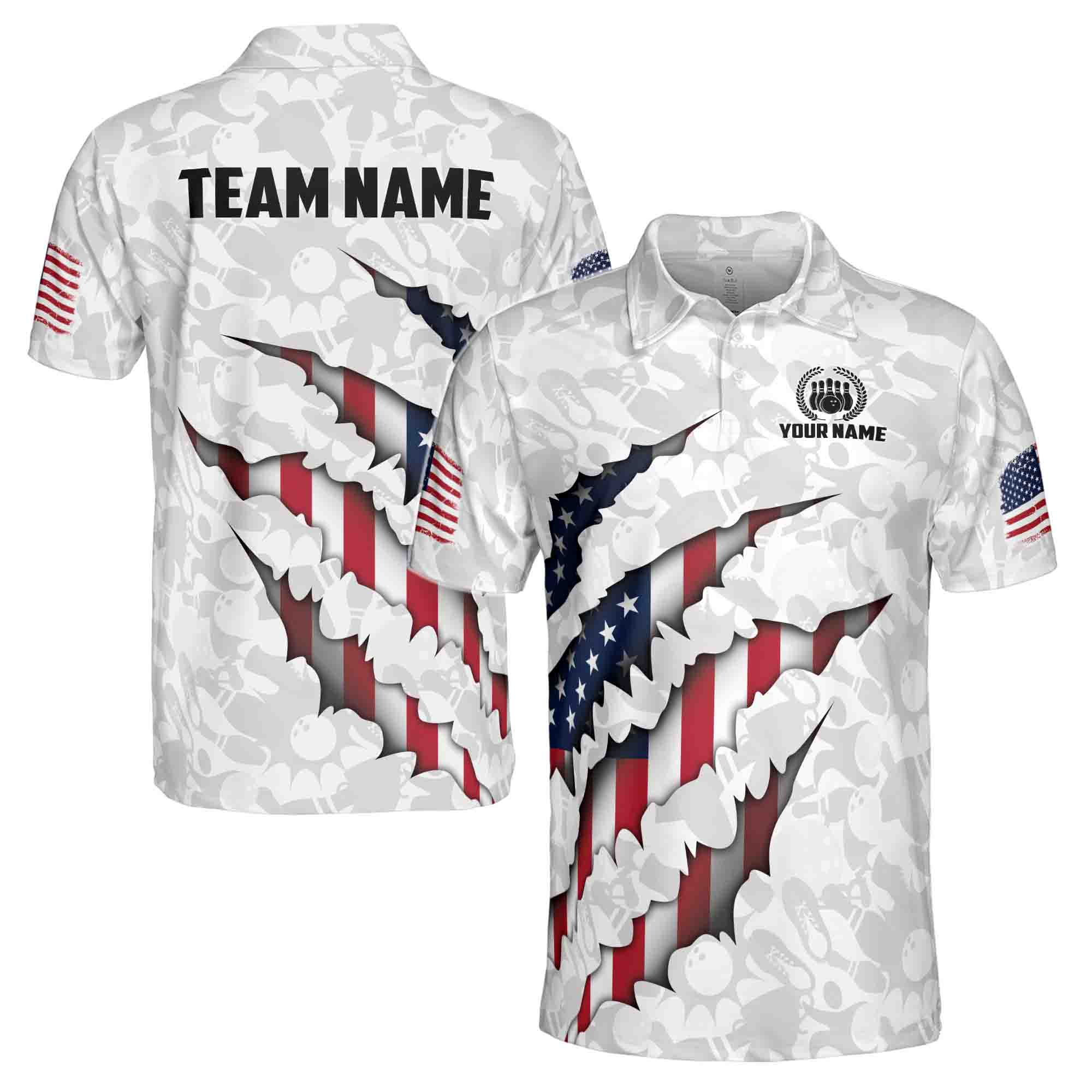 Custom Name Team Name American Flag Bowling Men's Polo Shirt S-5XL