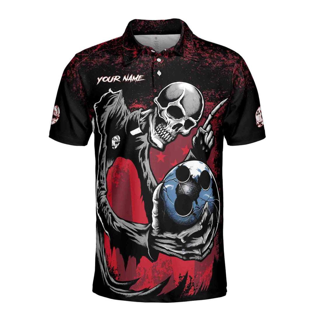 Custom Name Team Name Horrified Skull Bowling Ball Men's Polo Shirt S-5XL
