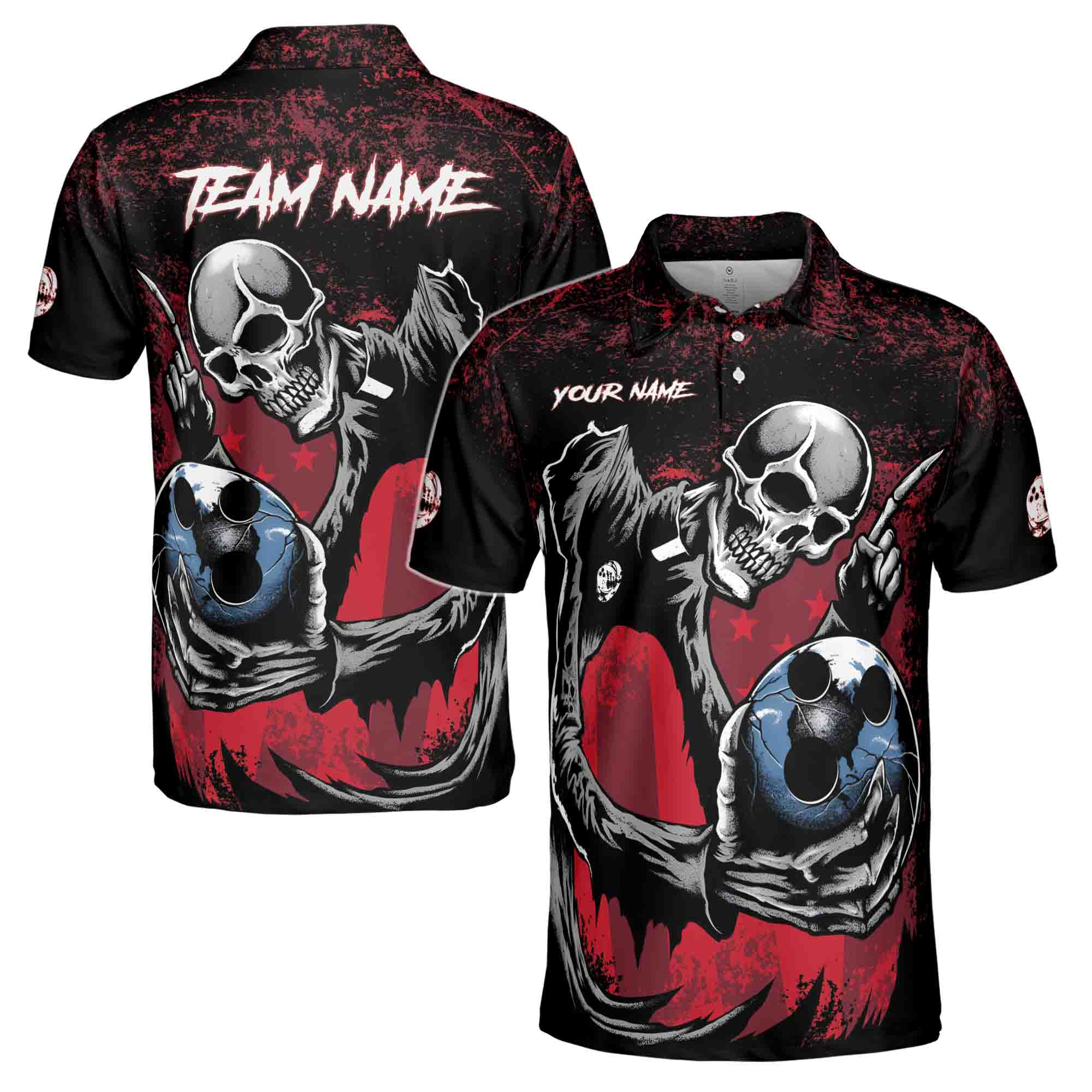 Custom Name Team Name Horrified Skull Bowling Ball Men's Polo Shirt S-5XL