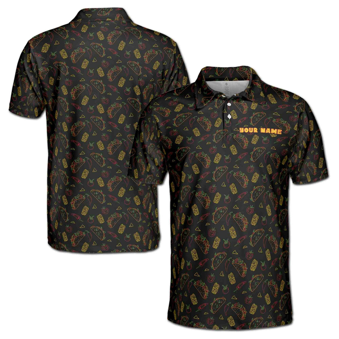 Custom Funny Black Tiny Tacos Sketch Tequila Doodle Golf Men's Polo Shirt S-5XL