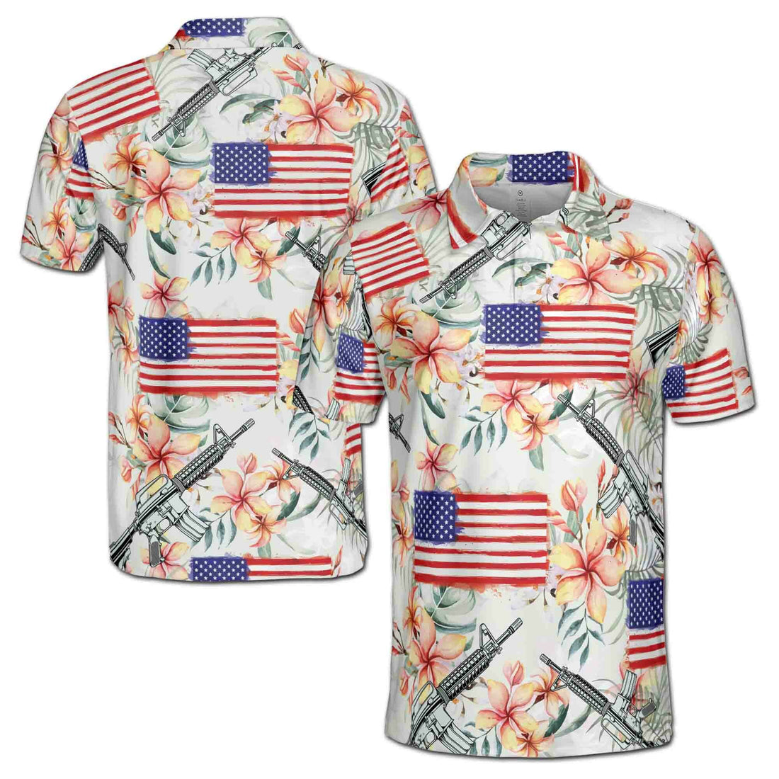 Retro Patriotic American Flag Gun Military Flower Golf Men's Polo Shirt S-5XL