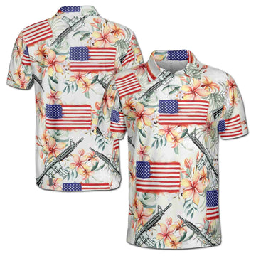 Retro Patriotic American Flag Gun Military Flower Golf Men's Polo Shirt S-5XL