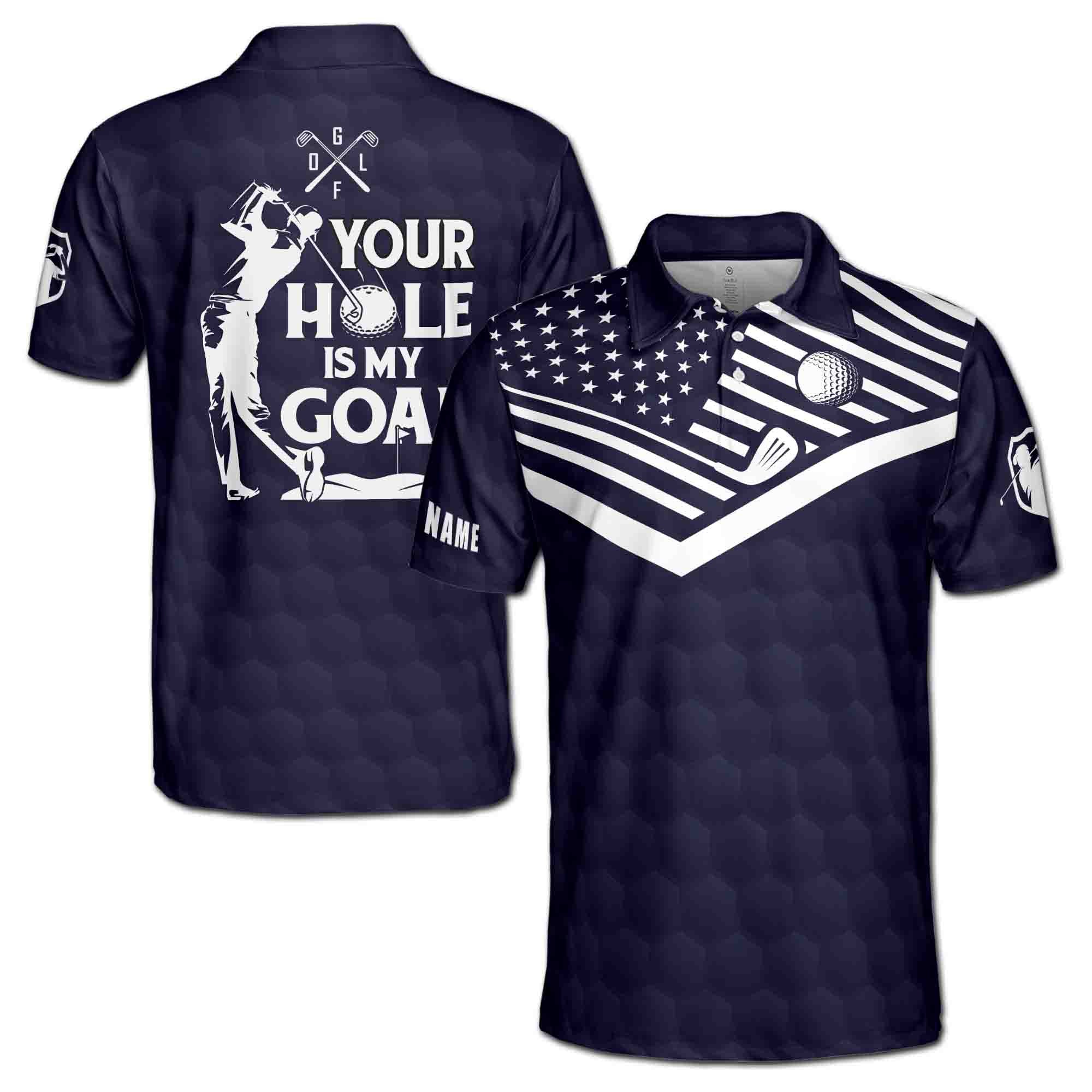 Custom Name Your Hole Is My Goal America Flag Pattern Golfer Men's Polo Shirt S-5XL
