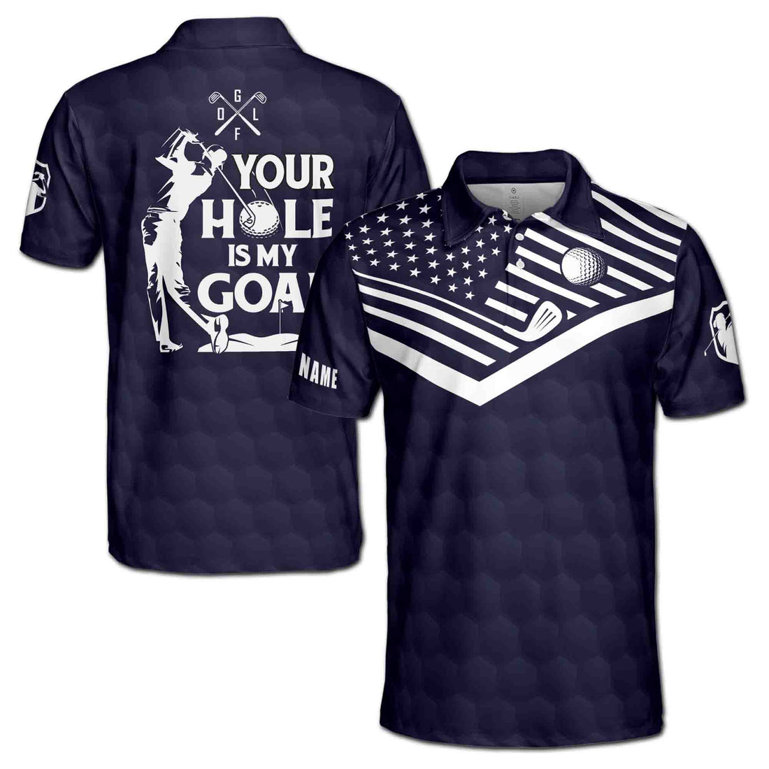 Custom Name Your Hole Is My Goal America Flag Pattern Golfer Men's Polo Shirt S-5XL