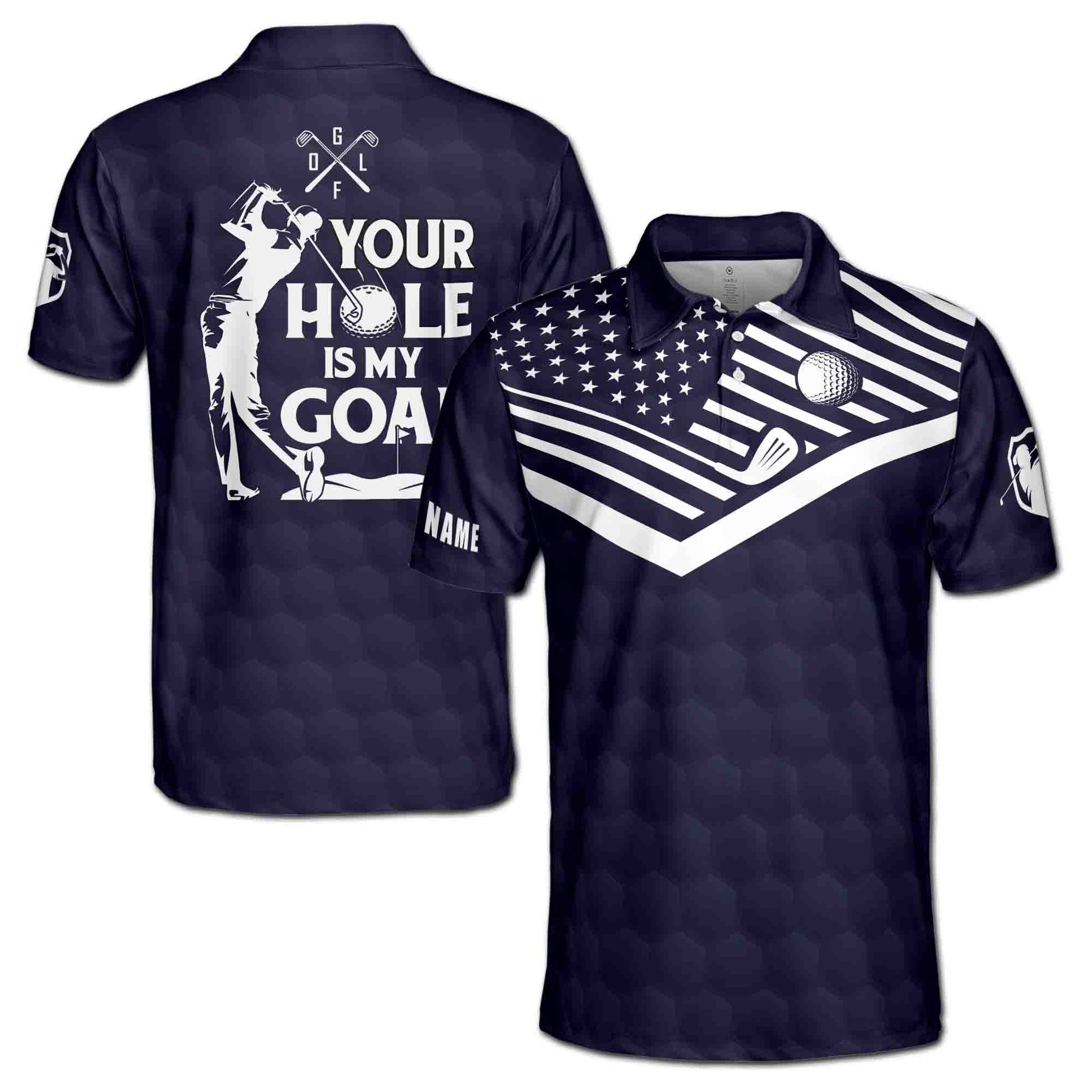 Custom Name Your Hole Is My Goal America Flag Pattern Golfer Men's Polo Shirt S-5XL