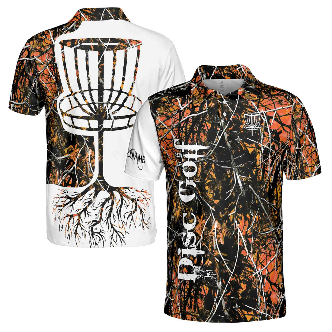Custom Name Dark Orange Jungle Deep Heart Disc Golf Men's Polo Shirt S-5XL