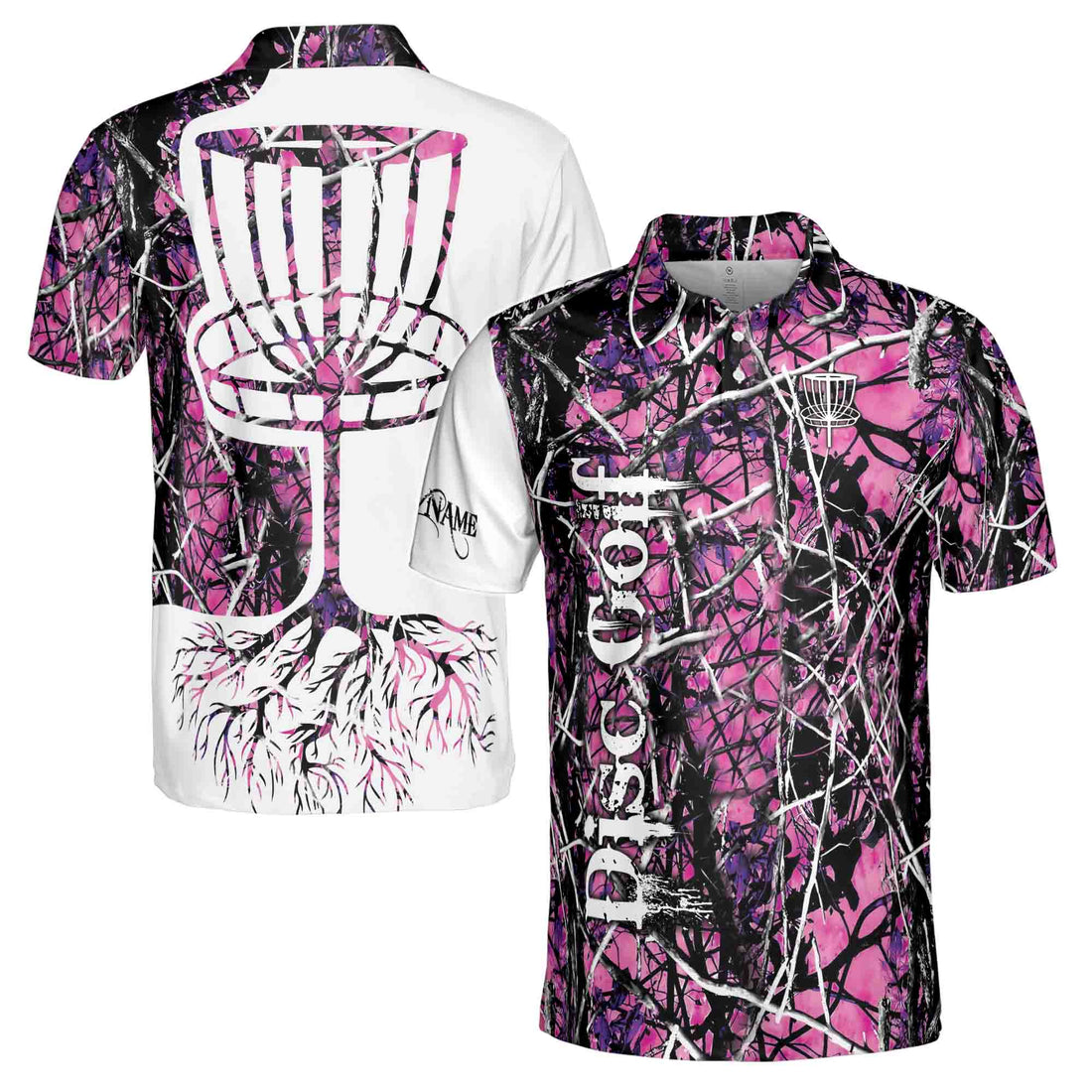 Custom Name Dark Pink Jungle Deep Heart Disc Golf Men's Polo Shirt S-5XL