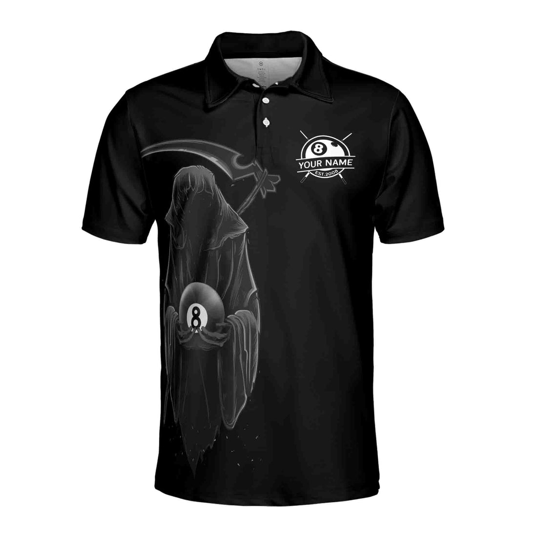 Custom Name, Team Name Gostly Skull Death Billiard 8 Ball Men's Polo Shirt S-5XL