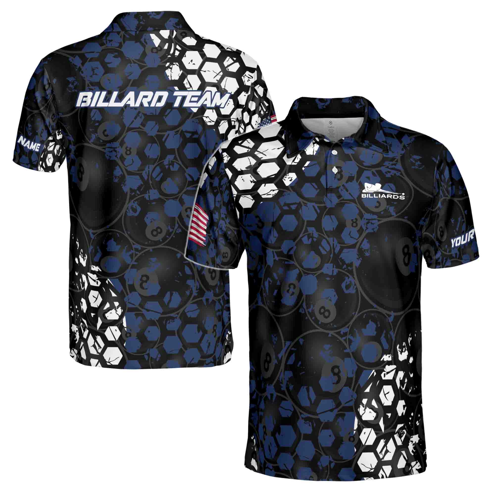 Custom Name, Team Name Blue Hive Billiard 8 Ball Men's Polo Shirt S-5XL