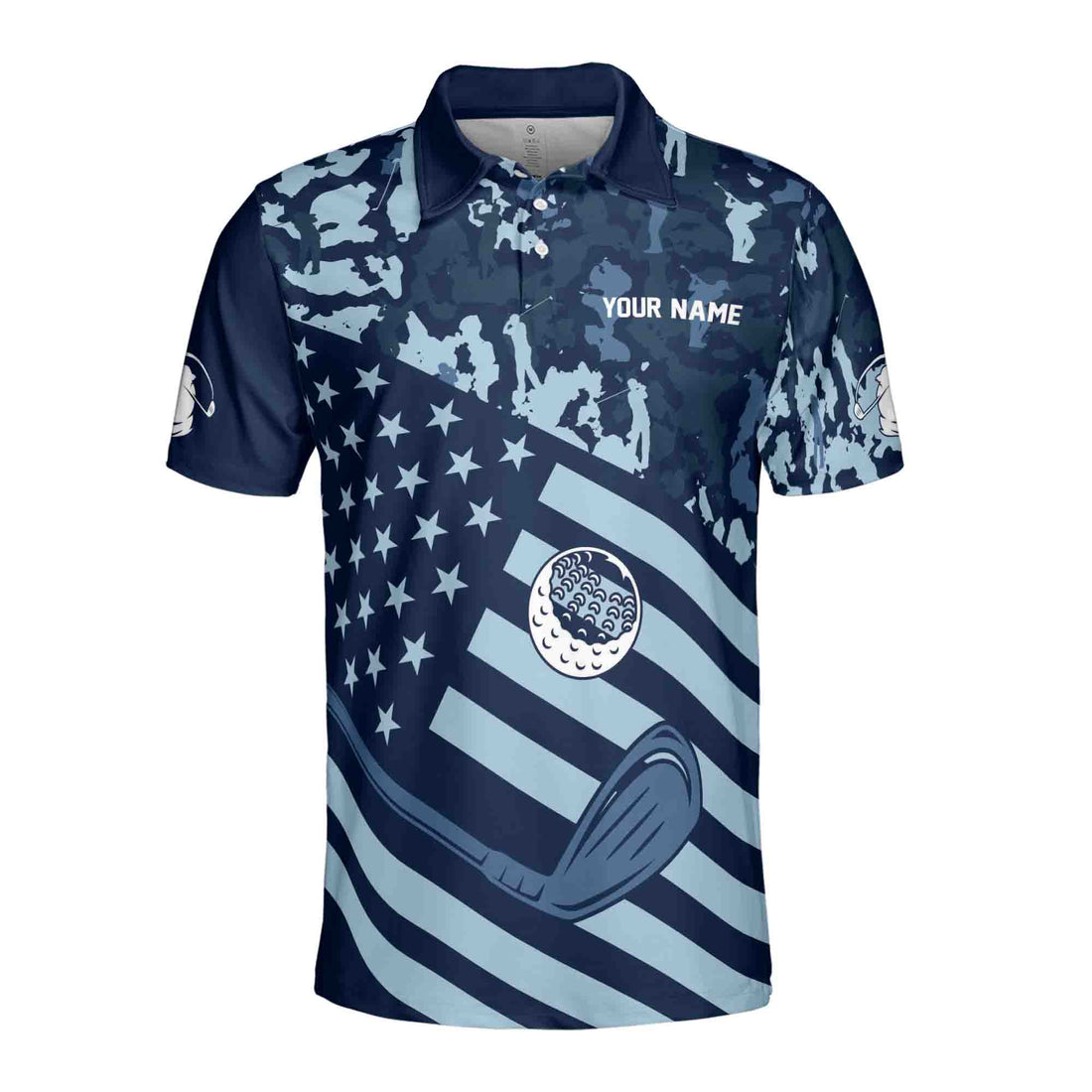 Custom Name Blue American Flag Patriotic Golf Golf Men's Polo Shirt S-5XL
