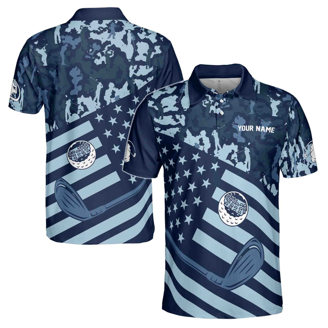 Custom Name Blue American Flag Patriotic Golf Golf Men's Polo Shirt S-5XL
