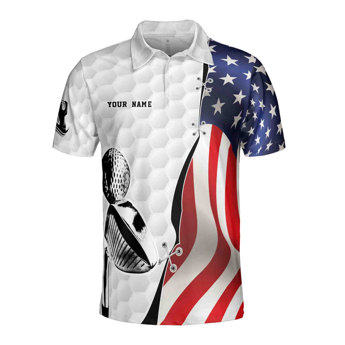 Custom Name Team American Flag Golfer Stick Silhouette Men's Polo Shirt S-5XL