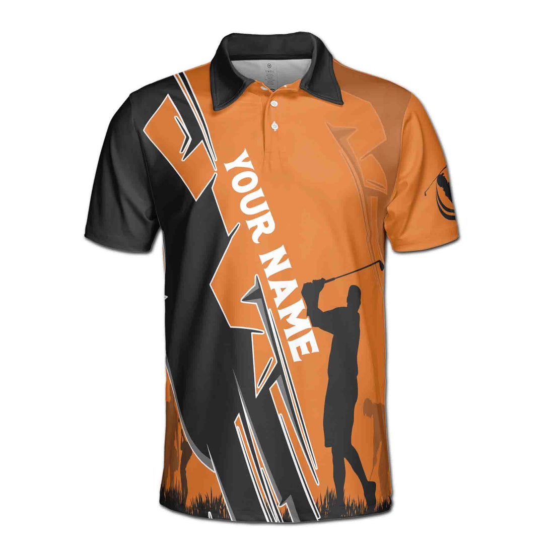 Custom Name Team Black Orange Golfer Silhouette Men's Polo Shirt S-5XL