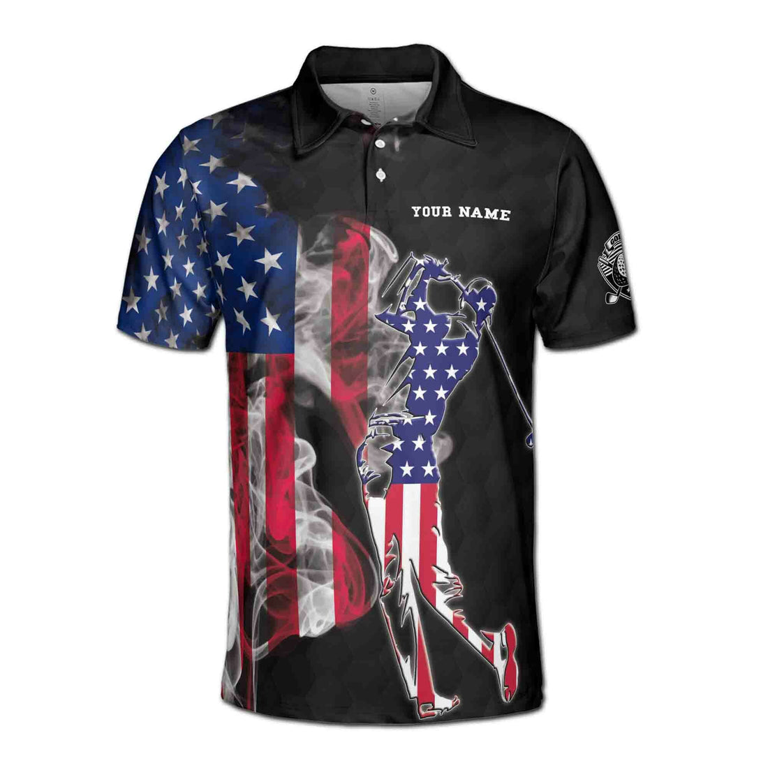 Custom Name American Smoke Flag Golfer Silhouette Men's Polo Shirt S-5XL