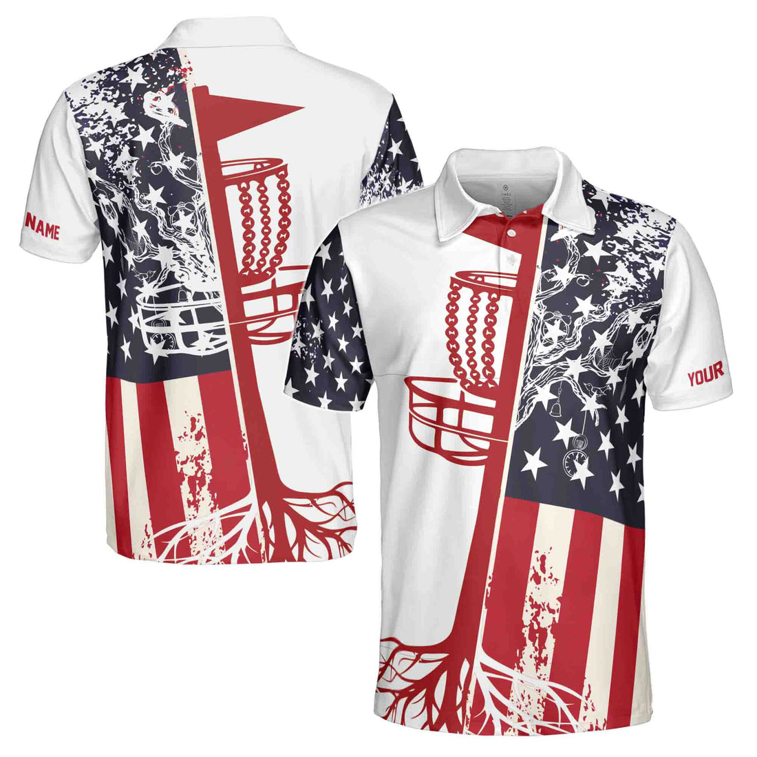 Funny Custom Name American Flag Discs Golf Blue Patriotic Men's Polo Shirt S-5XL