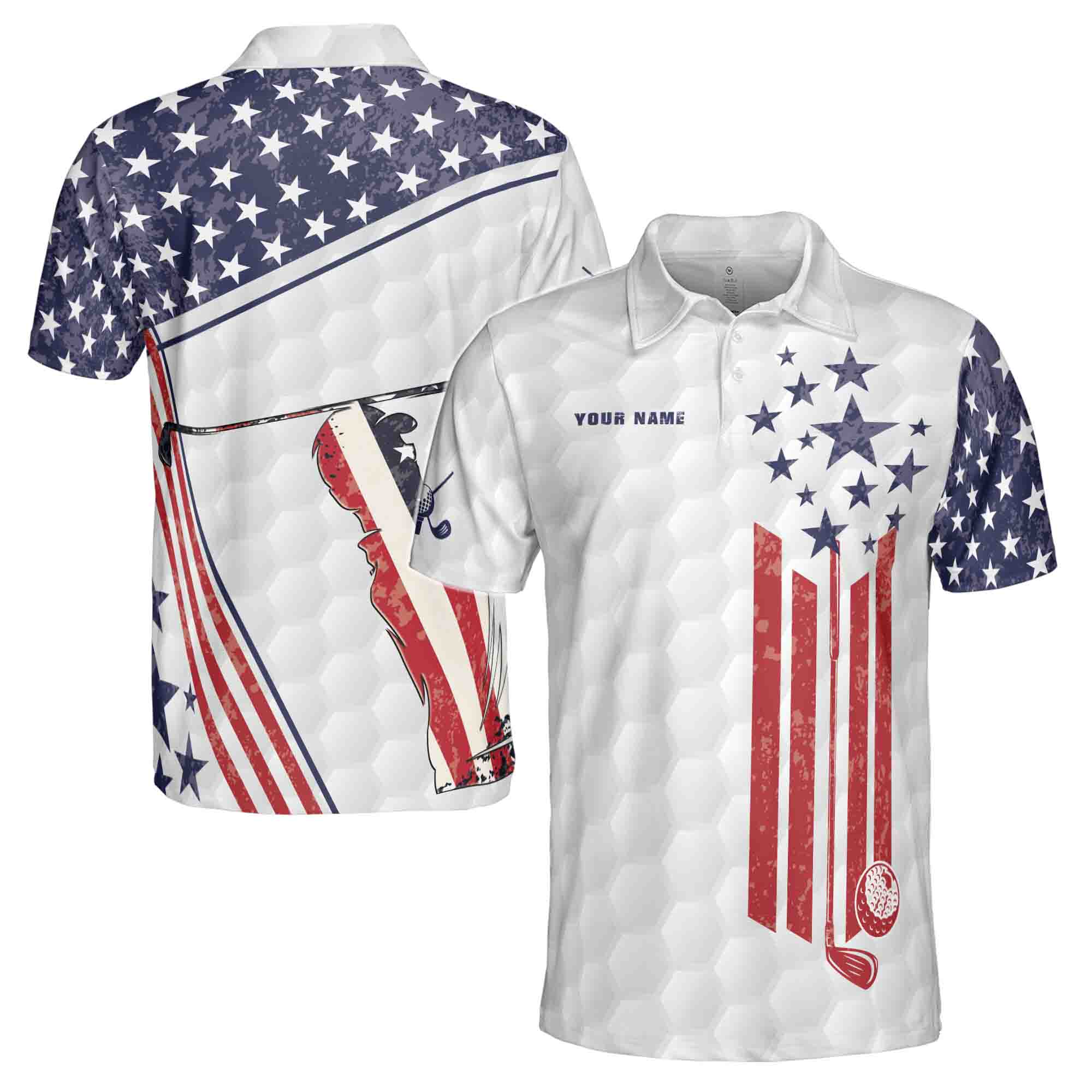 Custom Name American Retro Flag Golfer Silhouette Men's Polo Shirt S-5XL