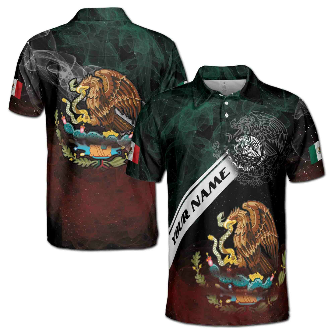 Custom Name Coat Of Arms Mexican Eagle Mexico National Pride Men's Polo Shirt S-5XL