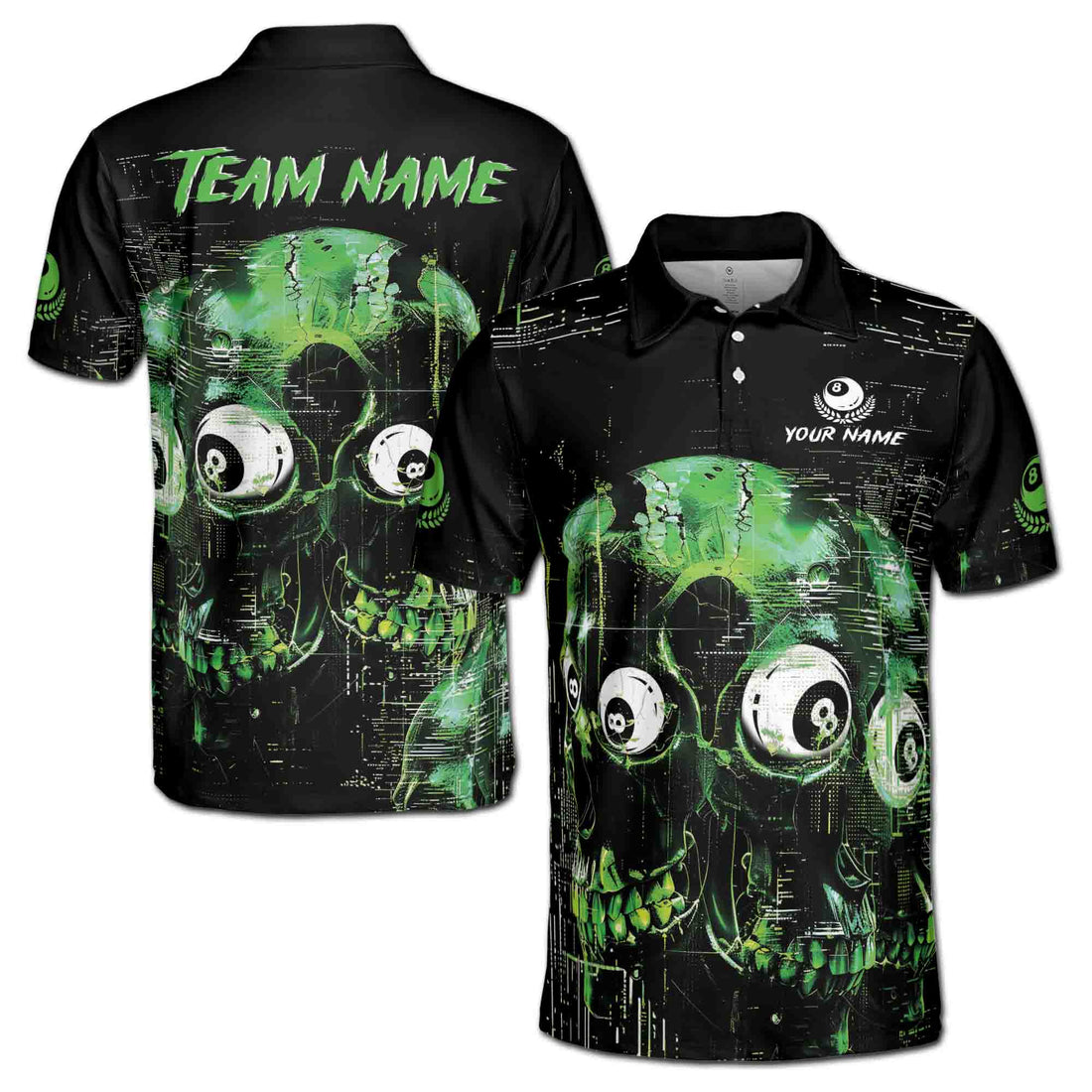 Customized Name Team Name Billiard 9 Balls Green Skull Pool Lover Men's Polo Shirt S-5XL