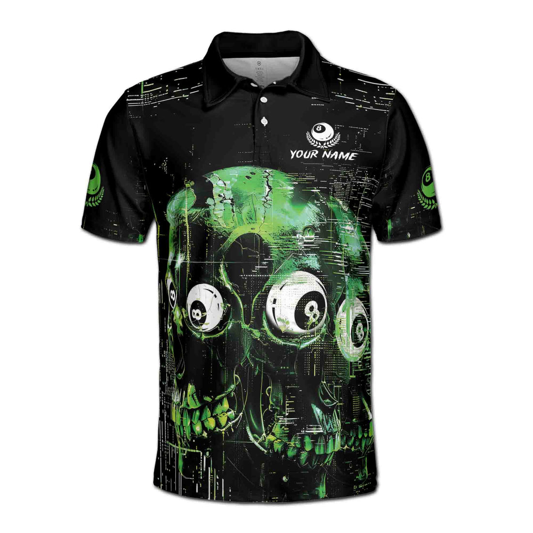 Customized Name Team Name Billiard 9 Balls Green Skull Pool Lover Men's Polo Shirt S-5XL