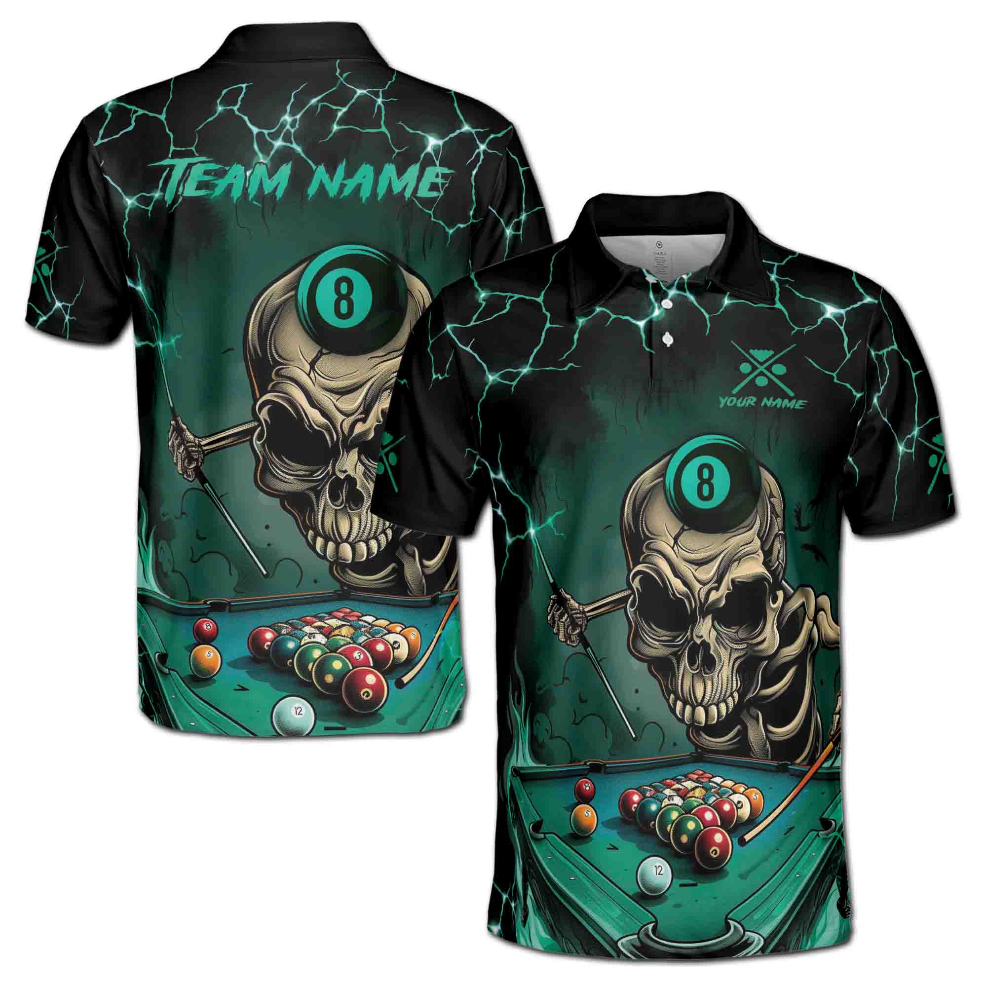Personalized Skull Billiard Player Skull 8 Ball Billiard Men's Polo Shirt S-5XL