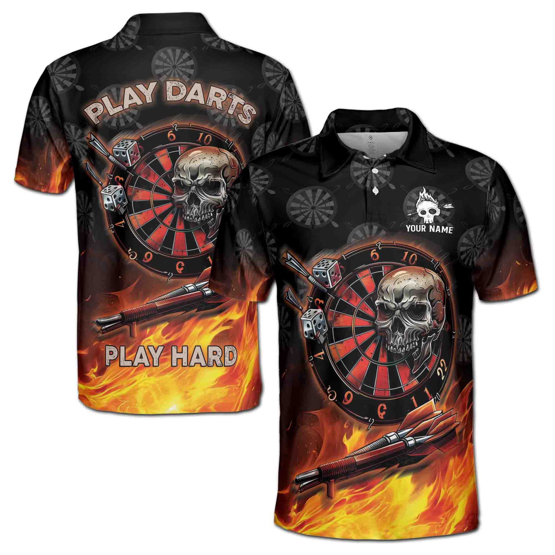 Personalized Play Dart Play Hard Headshot Skull Men's Polo Shirt S-5XL